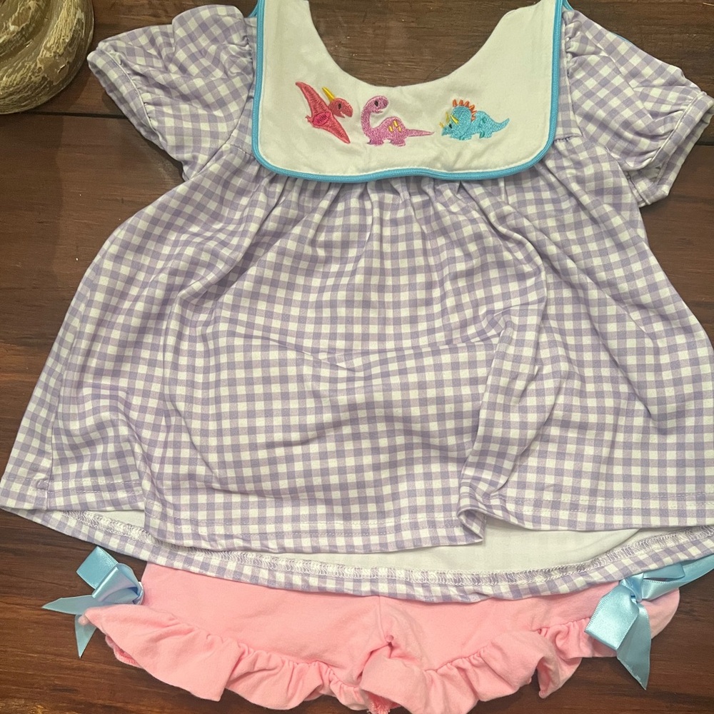 Purple Gingham Dinosaur Baby Dress with Pink Bloomers